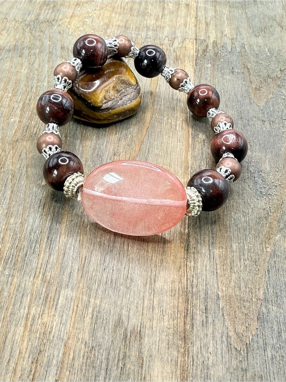 Tiger’s eye + Cherry quartz Beaded Bracelet Brown & Pink